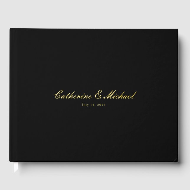 Visitas Libro de invitados de boda negro con guión dorado  (Anverso)