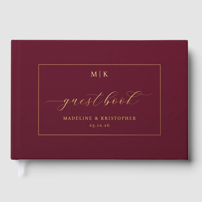 Visitas Libro de invitados de caligrafía borgoña elegante (Anverso)