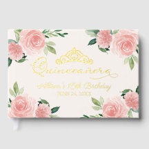 Libro de invitados de quinceañera floral sonrosado