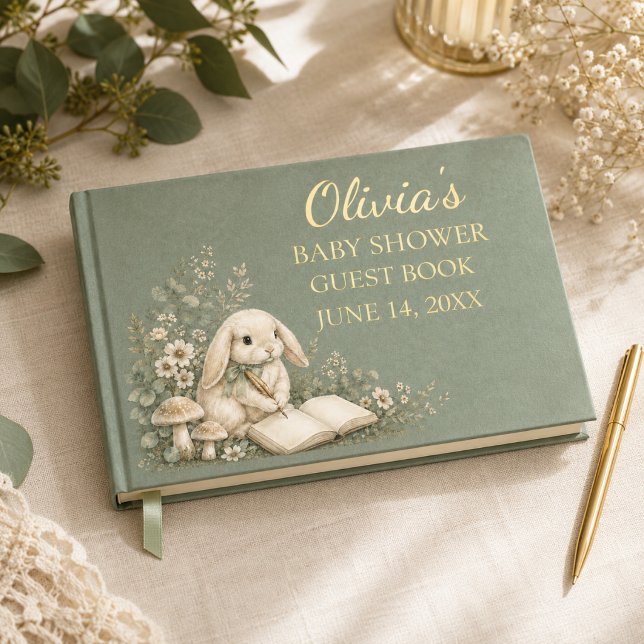 Visitas Libro de invitados para baby shower de conejo del  (Woodland Bunny Sage Baby Shower Guest Book)