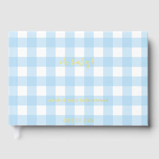 Visitas Libro de invitados para baby shower de gingham azu