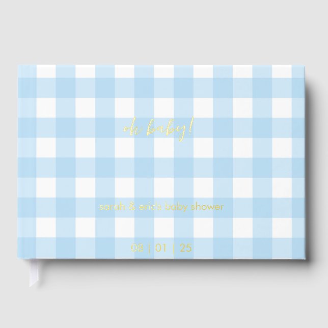 Visitas Libro de invitados para baby shower de gingham azu (Anverso)