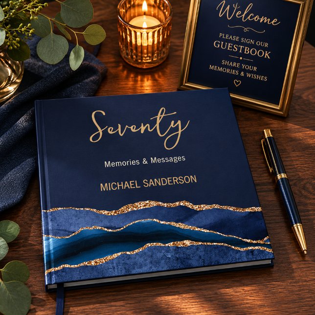 Visitas Libro de recuerdos de oro de la marina para setent (Elegant navy and gold 70th birthday guestbook with luxe memory table styling.)