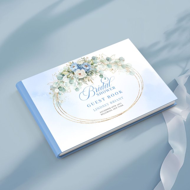 Visitas Libro Sofisticado de Verde de Peonía Azul Pastel D (Lovely Light Blue Flowers Eucalyptus Gold Guest Book)