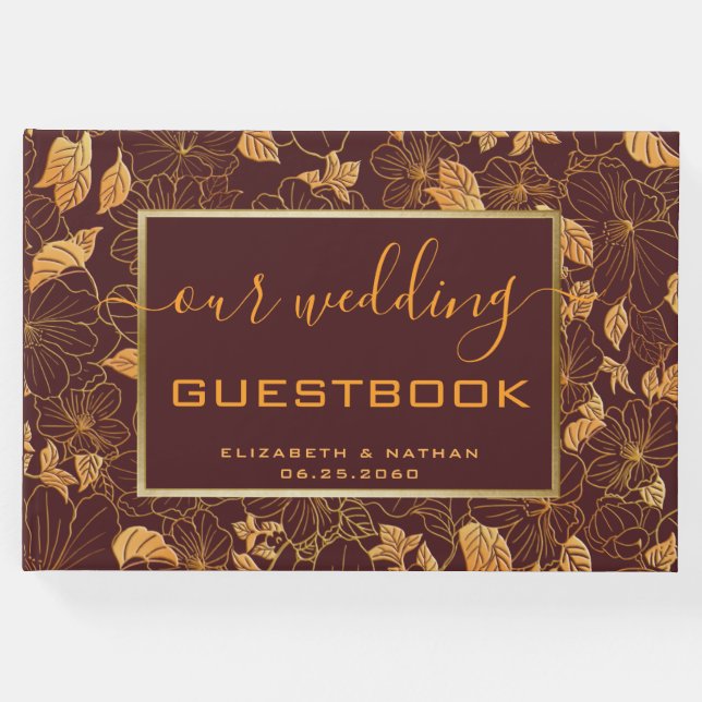 Visitas Magnífico libro de Bodas con flores de oro Bungund (Anverso)