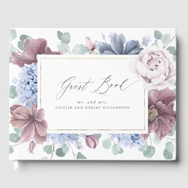 Visitas Mauve Dusty Blue Floral Elegante libro de invitado (Anverso)