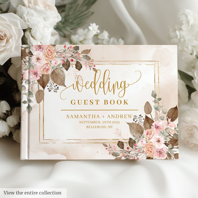 Visitas Moderno libro de Bodas de oro marfil-beige marrón (Modern Ivory Beige Brown Gold Wedding Guest Book)