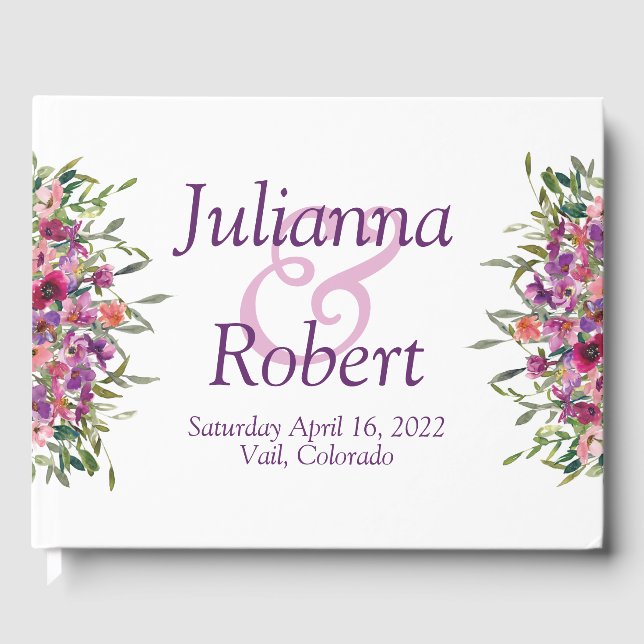 Visitas Morado acuarela flores silvestres boda libro de in (Anverso)