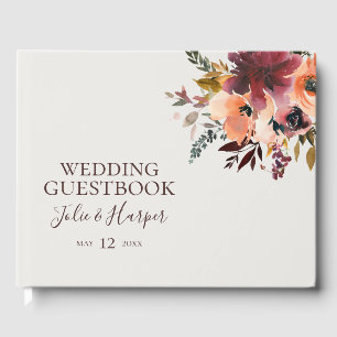 Visitas Naranja Borgoña Floral   Libro de Bodas beige