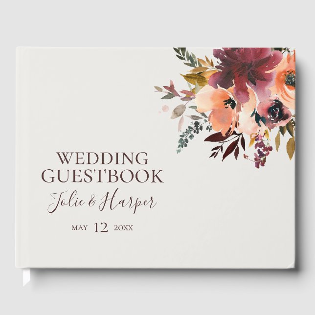 Visitas Naranja Borgoña Floral | Libro de Bodas beige (Anverso)