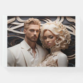 Visitas Pareja boda vestida con un libro de invitado blanc