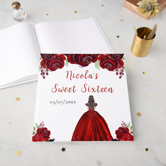 Visitas Princesa de pelo marrón Rojo Dulce Dieciséis Libro (Anverso Abierto)