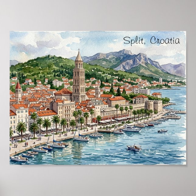 Vista de arte de acuarela de Split Croacia Dalmaci (Frente)