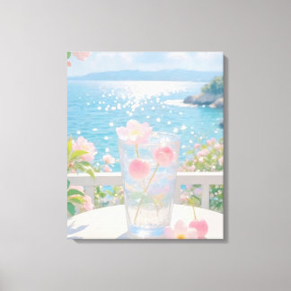 Vista soñadora del océano con flores rosadas Arte