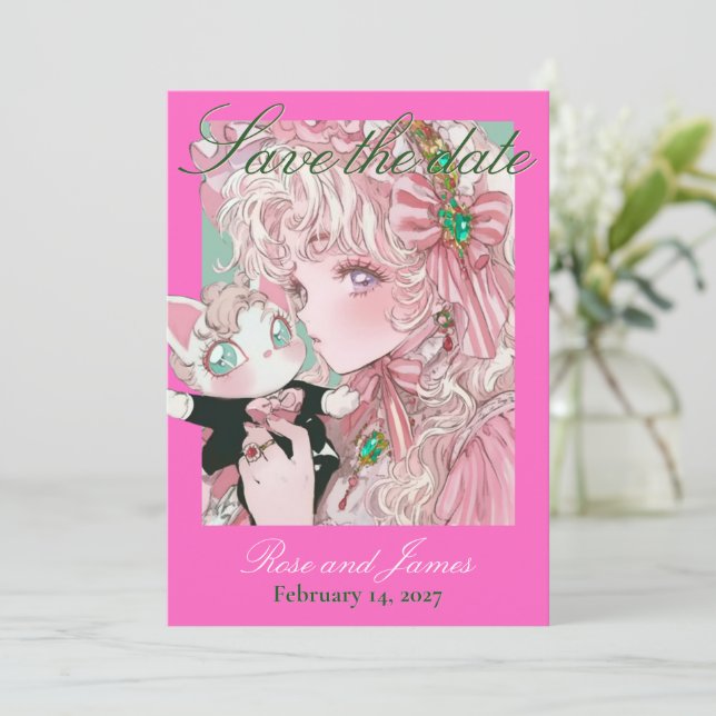 Vivid Pink Y2K Anime Gothic Cat Save the Date (Anverso de pie)