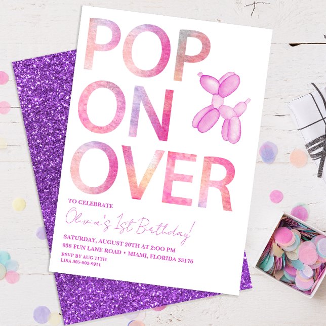 Vivir sobre la invitación de cumpleaños de perro c (pop over purple birthday invitation)
