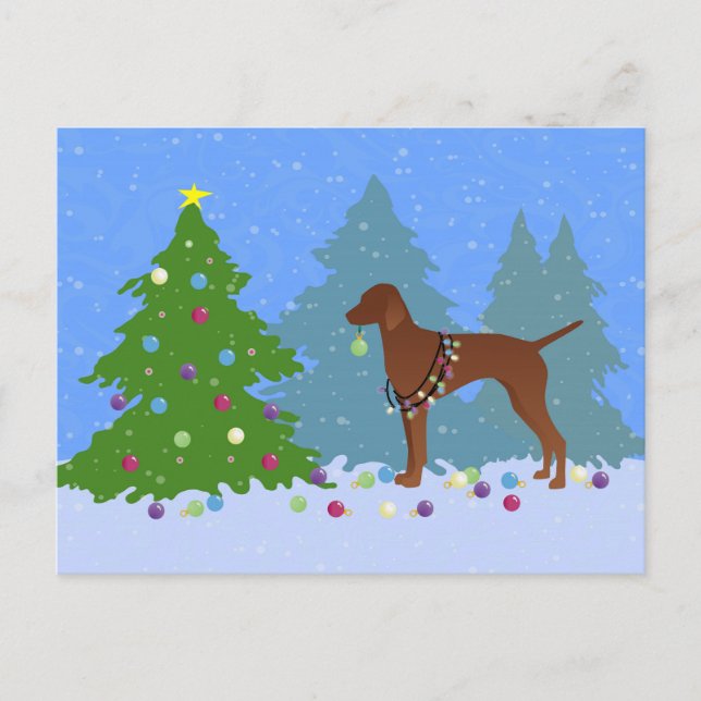Vizsla decorando un árbol de Navidad en el bosque (Anverso)