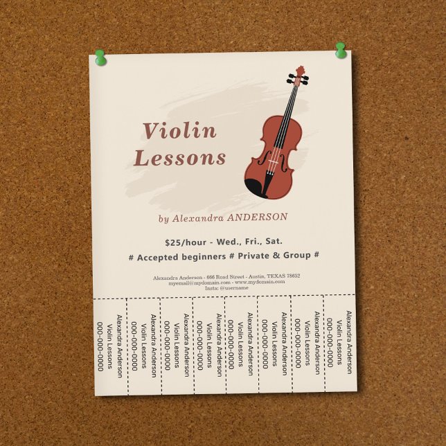Volante de clases de violín con tiras desmontables (Violin Lessons Tear Off Strips Flyer)
