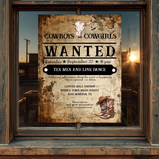 Volante de eventos de Occidente (Western rustic event flyer)