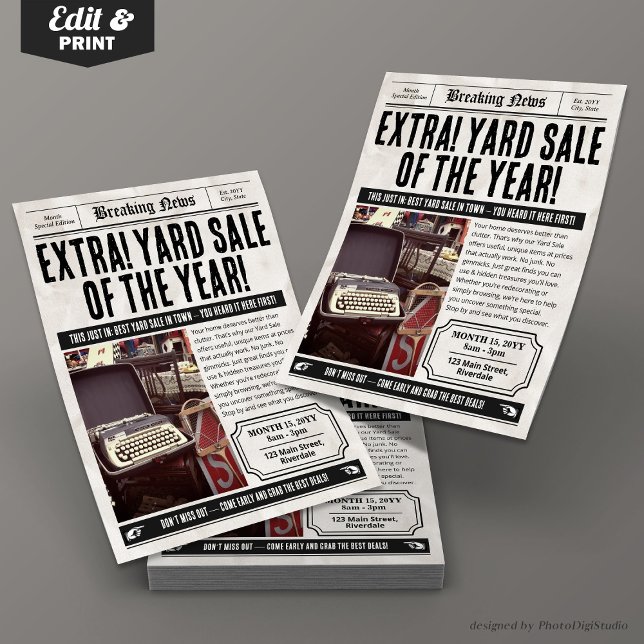 Volante de eventos de periódicos | Venta de yacimi (Newspaper Event Flyer | Retro Community Yard Sale)