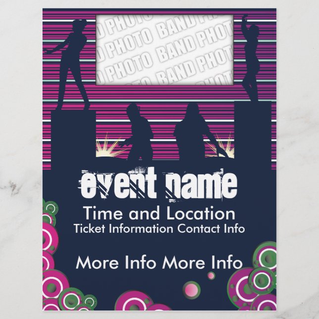 Volante de eventos musicales con DJs y bailarinas (Frente)