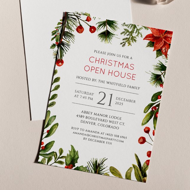 Volante de Fiesta de la Casa Abierta de Navidades  (Poinsettia Red Berries Family Christmas Party Invitation)