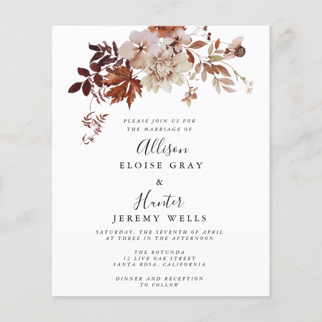 Volante de invitación a bodas de otoño con presupu (Frente)