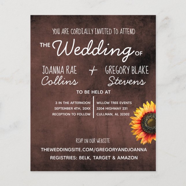 Volante de invitación a la boda del girasol pardo (Frente)