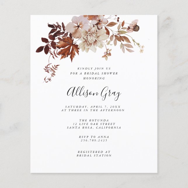 Volante de invitación a la ducha de novia en otoño (Frente)