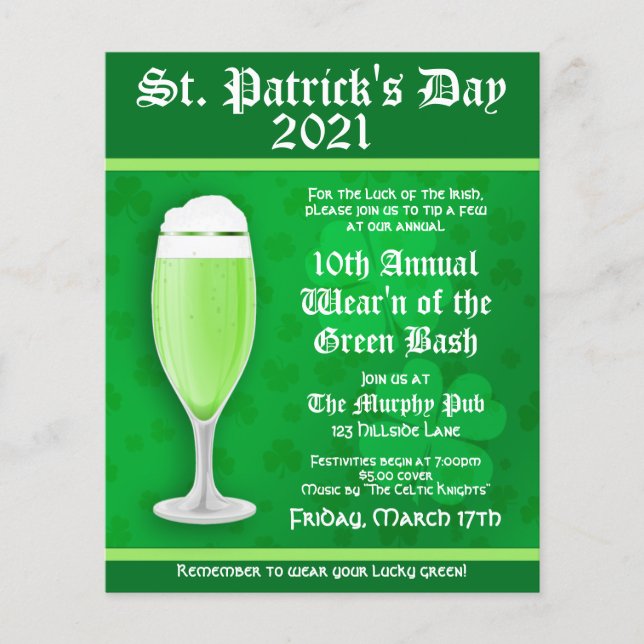 Volante de invitación al evento de cerveza St. Pat (Frente)