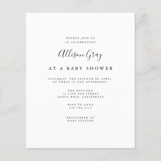 Volante de invitación de Baby Shower de presupuest (Frente)