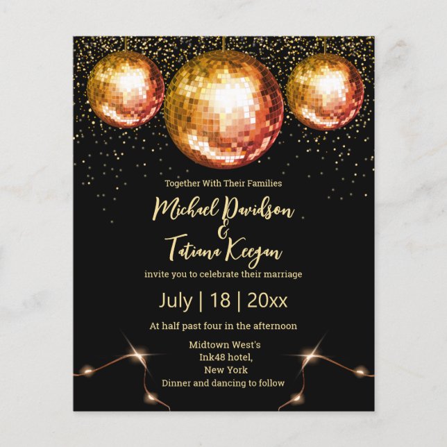 volante de invitación de boda negra en bolas de di (Frente)