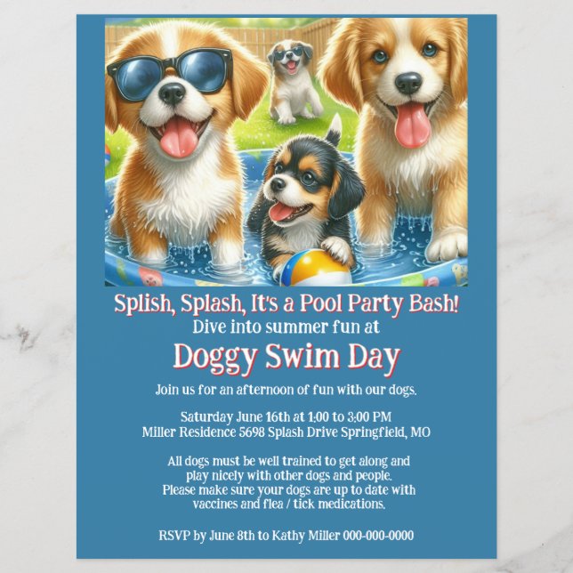 Volante de invitación para fiesta de Piscina Doggy (Frente)