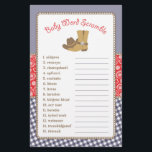 Volante de juego de Baby Shower Cowboy Word Scramb<br><div class="desc">Este juego de ducha para bebés cuenta con botas de vaquero y un gorra de vaquero sobre un fondo de gingham y paisley. La colección de productos de coordinación está disponible en nuestra tienda, zazzle.com/doodlelulu*. Contáctenos si necesita este diseño aplicado a un producto específico para crear su propio elemento de...</div>