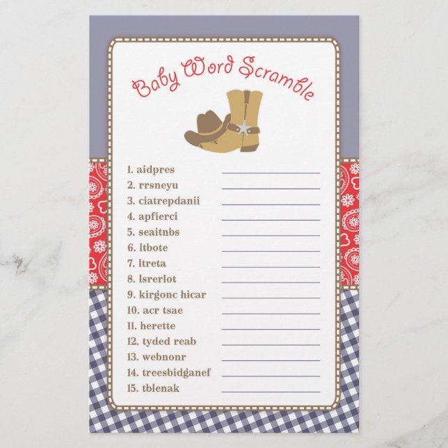 Volante de juego de Baby Shower Cowboy Word Scramb (Frente)