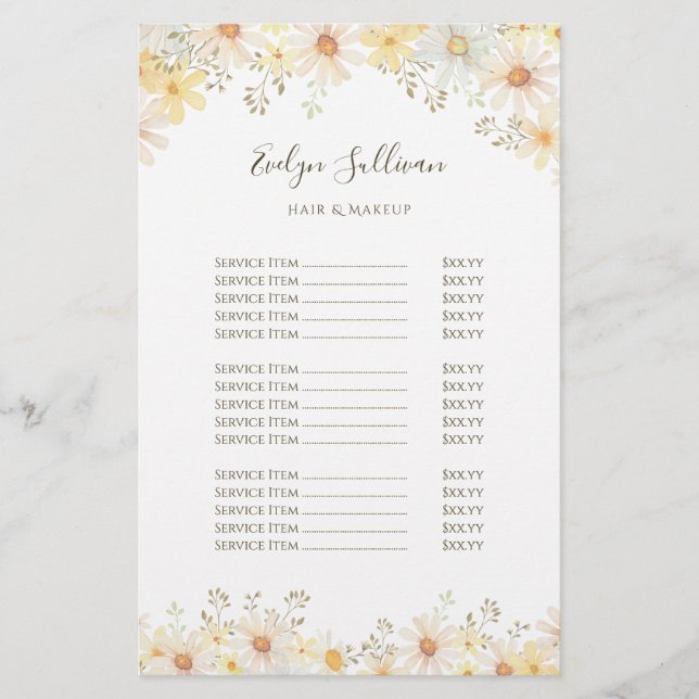 Volante de la lista de precios de Daisies (Frente)