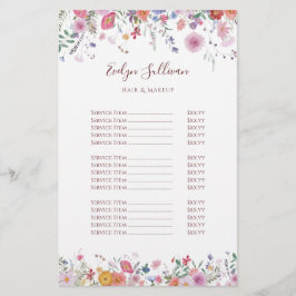 Volante de lista de precios de flores silvestres f