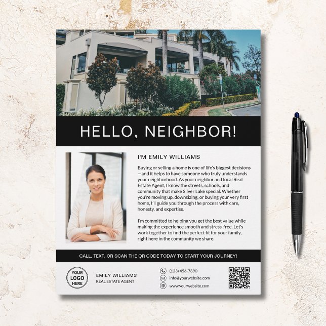 Volante de Marketing Inmobiliario Hola Vecino (Hello Neighbor Real Estate Marketing Flyer)
