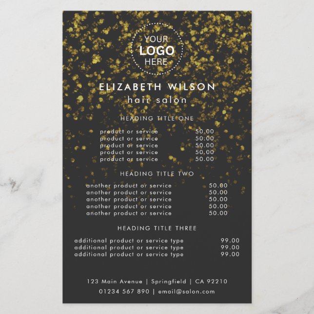 Volante de menú de servicios de salón de oro brill (Frente)