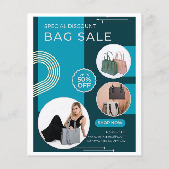 Volante de Negocios de Venta de Bolso de Mano Teal (Frente)