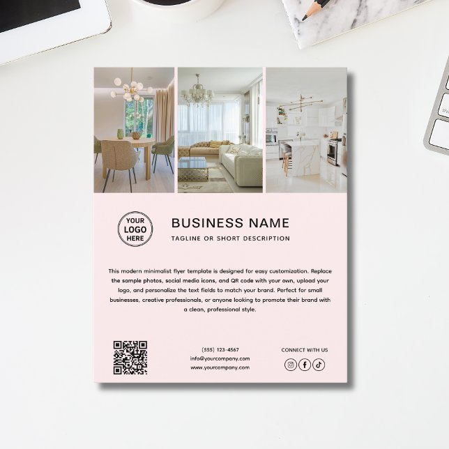 Volante de Negocios Rosa Suave con Logo Mínimo Fot (Minimal Logo Photo Soft Pink Business Flyer)