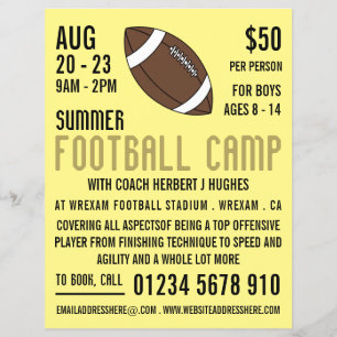 Volante de publicidad de campamento de fútbol amer