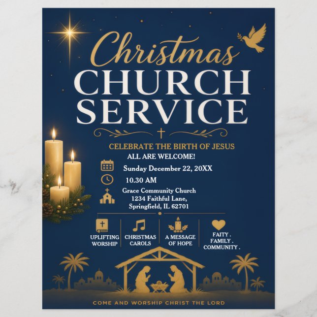 Volante de Servicio de Iglesia de Navidad (Frente)