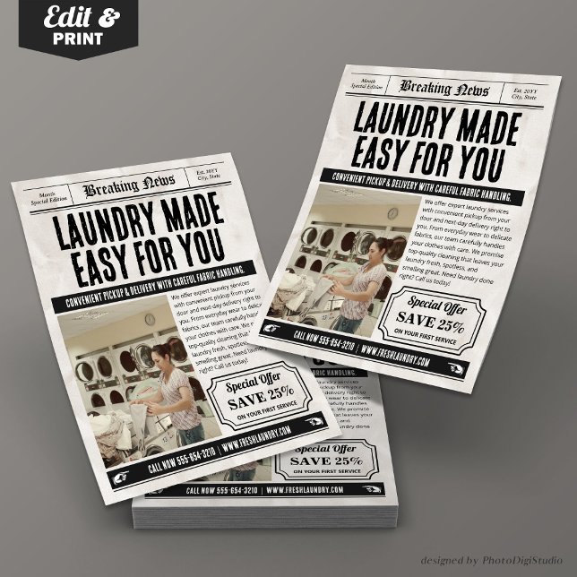 Volante de servicios de lavandería de periódicos,  (Newspaper Laundry Services Flyer, Retro Business Flyer)