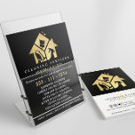 Volante de servicios de limpieza de casas de oro<br><div class="desc">Volante de negocios moderno diseñado para servicios comerciales o residenciales para limpieza, limpieza, servicio de mucama o suministros de conserjería. Diseño de casa dorada y equipo de limpieza en el interior, nombre y línea de texto en el frente. Personalizar la parte de atrás con todos tus datos de contacto y...</div>