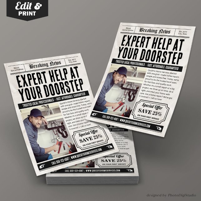 Volante de servicios de periódicos, anuncios de pe (Newspaper Services Flyer, Retro Small Business Ads Flyer)