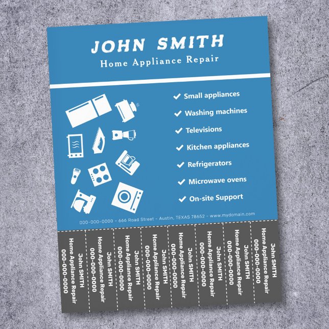 Volante de tiras de desgarre de reparación de equi (Home Appliance Repair Tear Off Strips Flyer)