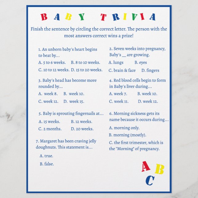Volante del juego de trivia para bebé ABC (Frente)