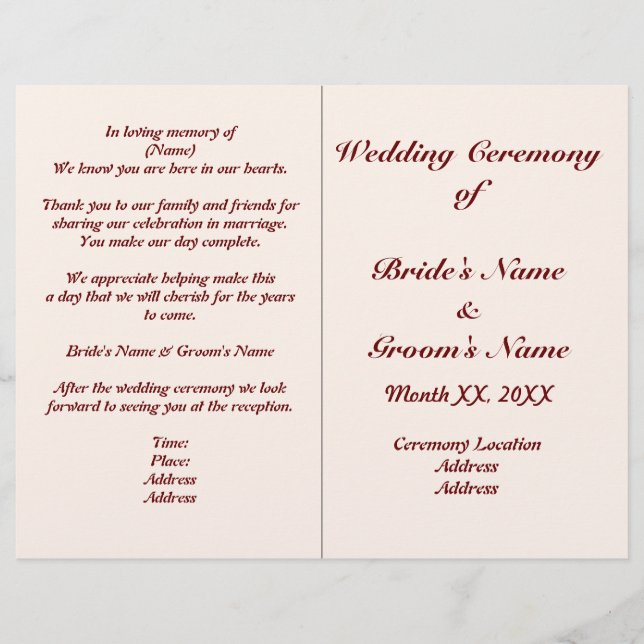 Volante del programa de boda de novias y novias pe (Anverso)