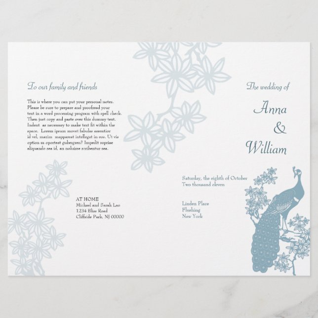 Volante del programa de casamiento por pavo real (Anverso)